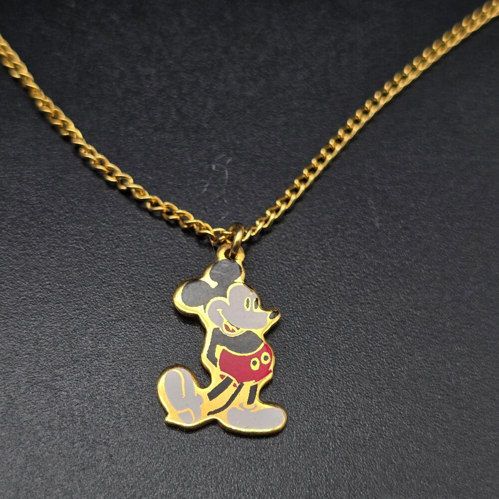Vintage Disney Mickey Mouse Pendant Necklace Gold Tone Chain